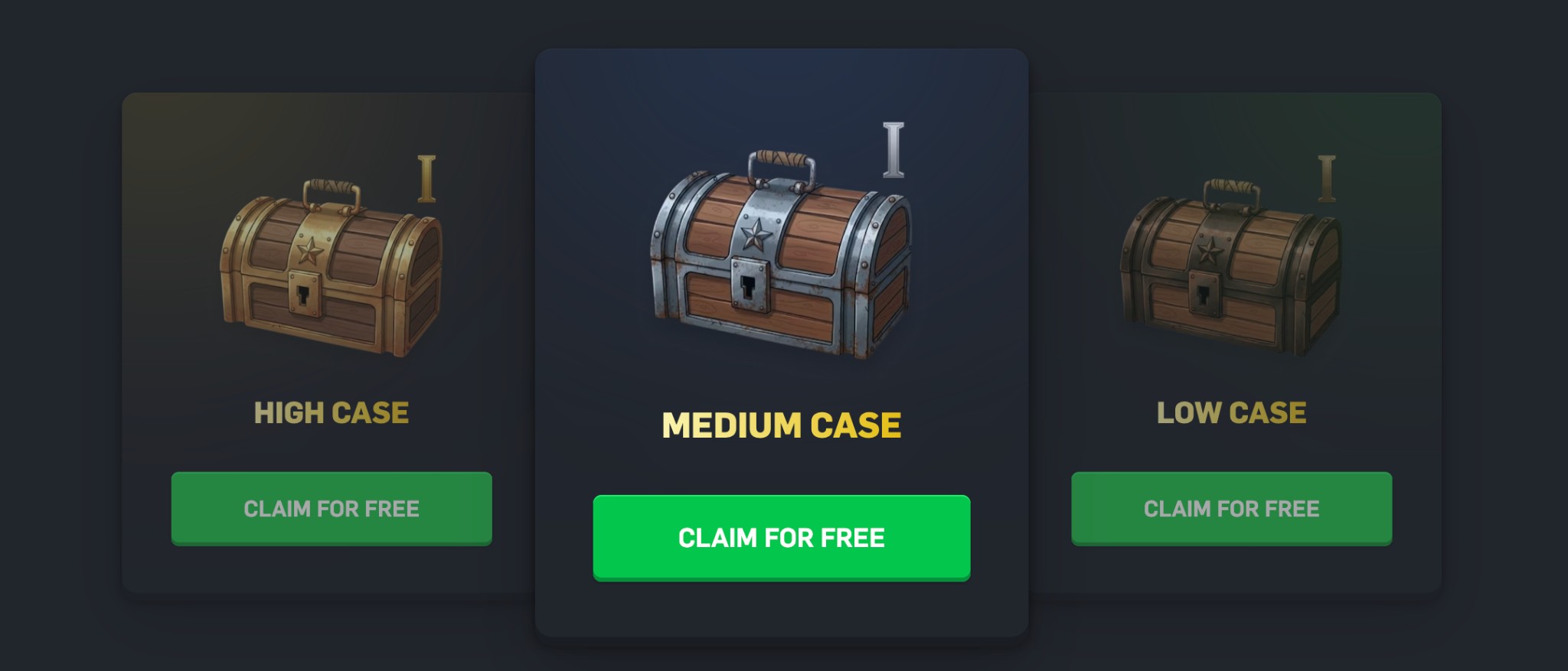 CSGORoll free cases section with High, Medium and Low case