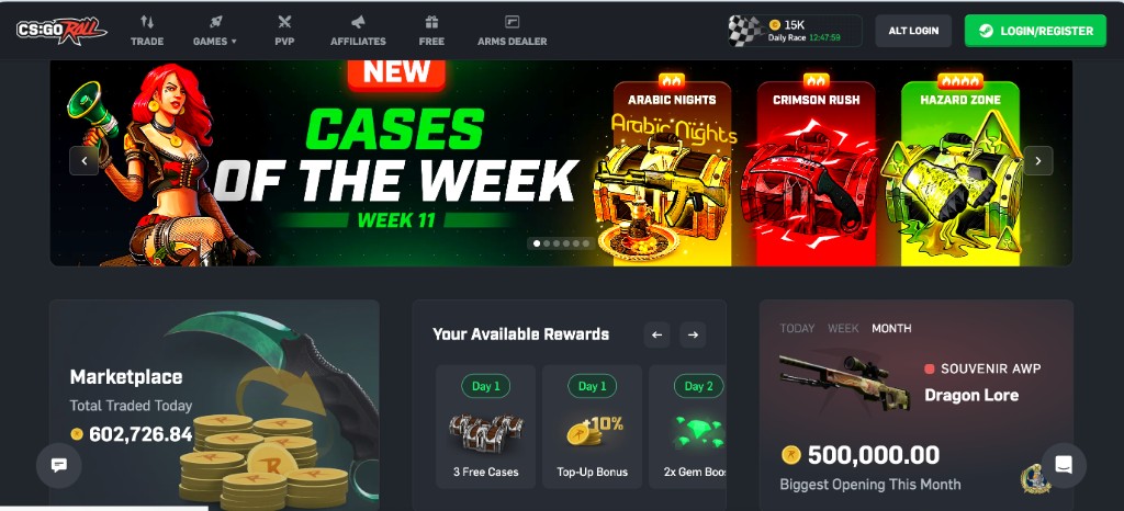 CSGORoll homepage with cases of the week, rewards and marketplace