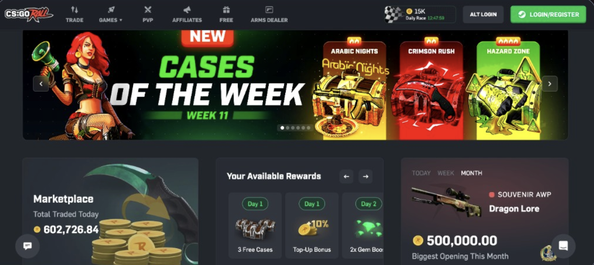 CSGORoll homepage screenshot with cases of the week and rewards panels